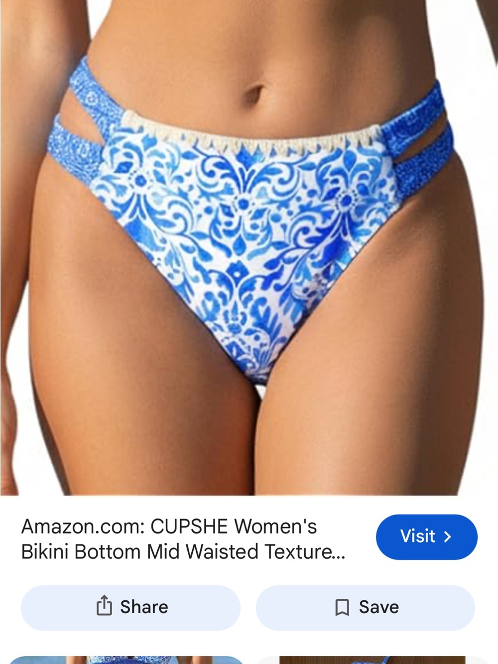 Cupshe Blue and White Floral Double-Strap Bikini Bottom